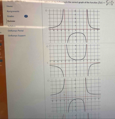 1024 = Solne 200 ( Which of the folfowing is the correct graph of the function f(x)= (x^2-x)/x^2-9  ? 
Home 
Assignments 
Grades 
Quizzes 
Syllabus 
OnRamps Portal 
OnRamps Support