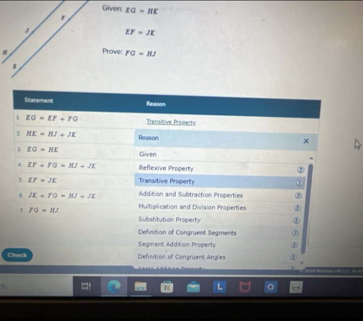 Given: EG=HK
EF=JK
Prove: FG=HJ
C
h