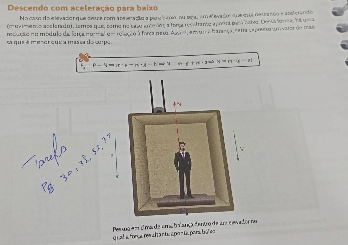 Descendo com aceleração para baixo 
No caso do elevador que desce com aceleração a para baixo, ou seja, um elevador que está descendo e acelerando 
(movimento acelerado), temos que, como no caso anterior, a força resultante aponta para baixo. Dessa forma, há uma 
redução no módulo da força normal em relação à força peso. Assim, em uma balança, seria expresso um valor de mas- 
sa que é menor que a massa do corpo.
F_R=P-NRightarrow m· a-m· g-NRightarrow N= m · a N=m· (g-a)
2 
Pessoa em cima de uma balança dentro de um elevador no 
qual a força resultante aponta para baixo.