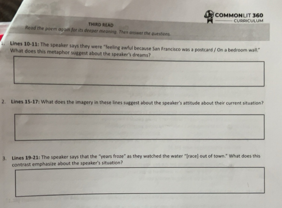 Solved: COMMONLIT 360 CURRICULUM THIRD READ Read the poem again for its deeper meaning. Then an ...
