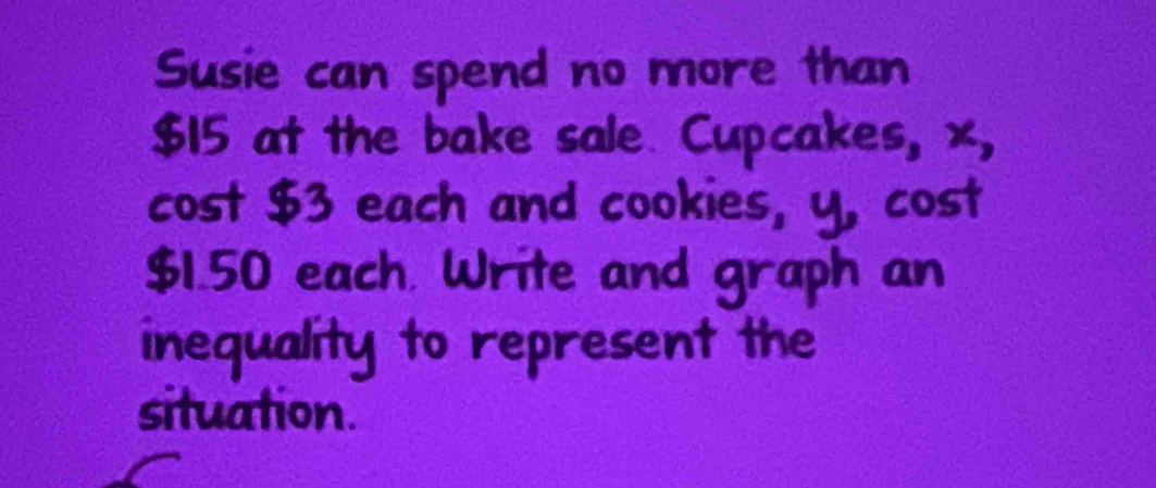 Susie can spend no more than
$15 at the bake sale Cupcakes, x, 
cost $3 each and cookies, y, cost
$1.50 each. Write and graph an 
inequality to represent the 
situation.