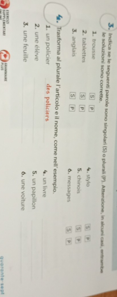 3。 Indica se le seguenti parole sono singolari (S) o plurali (P). Attenzione, in alcuni casi, entrambe 
le soluzioni sono corrette. 
1. trousse s P s p
4. stylo 
2. tablettes 
S P
5. chinois s P
3. anglais S P 6. messages s P 
*。 Trasforma al plurale l’articolo e il nome, come nell’esempio. 
_ 
1. un policier _s policiers_ 4. un livre 
2. une élève _5. un papillon_ 
3. une feuille _6. une voiture_ 
ESERCIZI 
SUPPLEMENTARI PLUS GRAMMAIRE 
quarante-sept