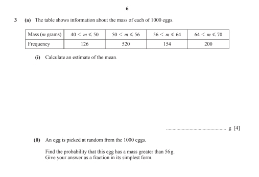 6
3 (a) The table shows information about the mass of each of 1000 eggs.
(i) Calculate an estimate of the mean.
_g [4]
(ii) An egg is picked at random from the 1000 eggs.
Find the probability that this egg has a mass greater than 56g.
Give your answer as a fraction in its simplest form.