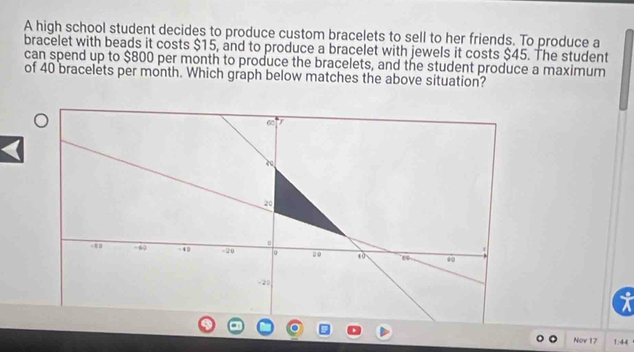 A high school student decides to produce custom bracelets to sell to her friends. To produce a 
bracelet with beads it costs $15, and to produce a bracelet with jewels it costs $45. The student 
can spend up to $800 per month to produce the bracelets, and the student produce a maximum 
of 40 bracelets per month. Which graph below matches the above situation? 
I 
Nov 17 1.44