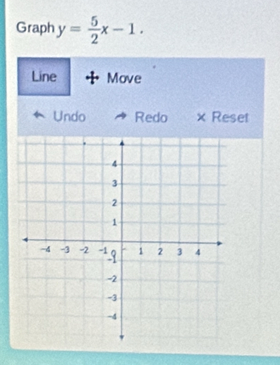 Graph y= 5/2 x-1. 
Line Move 
Undo Redo x Reset