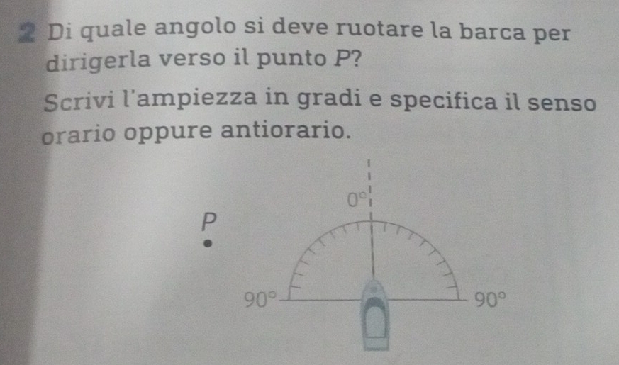 Di quale angolo si deve ruotare la barca per
dirigerla verso il punto P?
Scrivi l'ampiezza in gradi e specifica il senso
orario oppure antiorario.
P