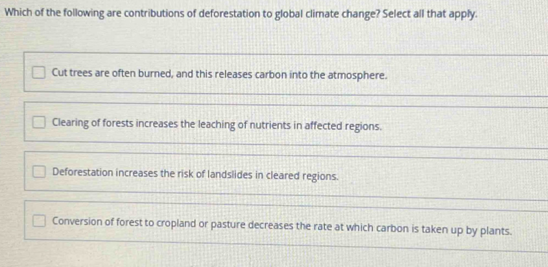 Which of the following are contributions of deforestation to global climate change? Select all that apply.
Cut trees are often burned, and this releases carbon into the atmosphere.
Clearing of forests increases the leaching of nutrients in affected regions.
Deforestation increases the risk of landslides in cleared regions.
Conversion of forest to cropland or pasture decreases the rate at which carbon is taken up by plants.