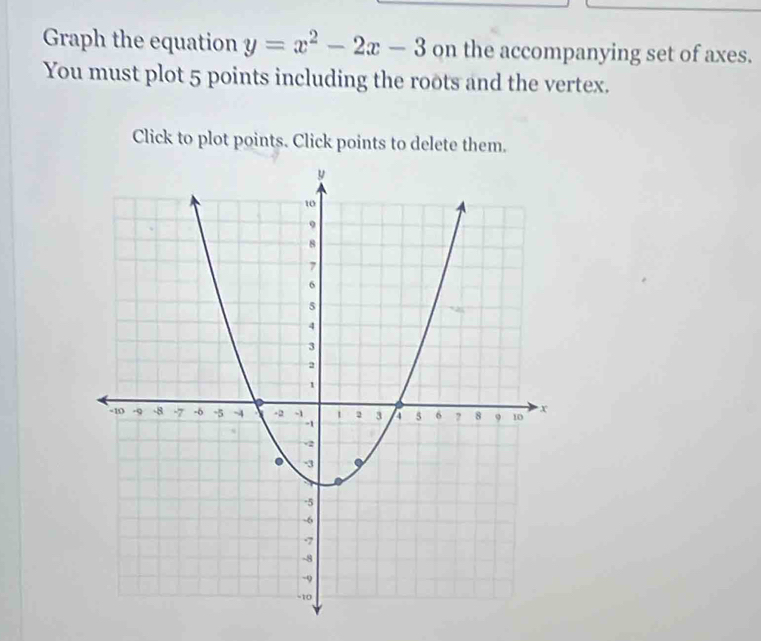 Graph the equation y=x^2-2x-3 on the accompanying set of axes. 
You must plot 5 points including the roots and the vertex. 
Click to plot points. Click points to delete them.