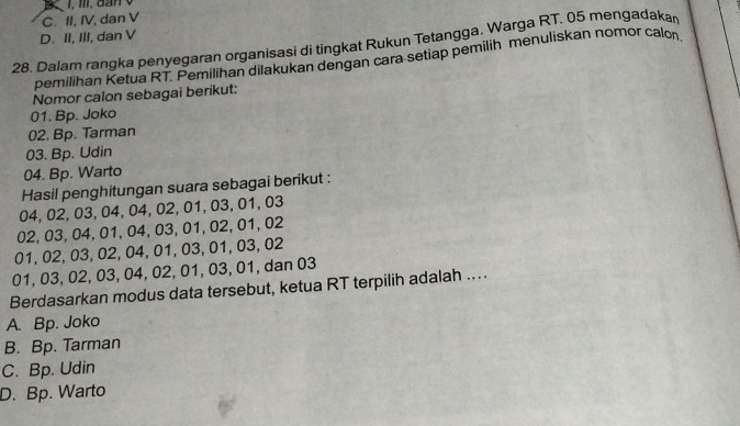 C. II, IV, dan V
D. II, III, dan V
28. Dalam rangka penyegaran organisasi di tingkat Rukun Tetangga, Warga RT. 05 mengadaka
pemilihan Ketua RT. Pemilihan dilakukan dengan cara setiap pemilih menuliskan nomor calo
Nomor calon sebagai berikut:
01. Bp. Joko
02. Bp. Tarman
03. Bp. Udin
04. Bp. Warto
Hasil penghitungan suara sebagai berikut :
04, 02, 03, 04, 04, 02, 01, 03, 01, 03
02, 03, 04, 01, 04, 03, 01, 02, 01, 02
01, 02, 03, 02, 04, 01, 03, 01, 03, 02
01, 03, 02, 03, 04, 02, 01, 03, 01, dan 03
Berdasarkan modus data tersebut, ketua RT terpilih adalah ....
A. Bp. Joko
B. Bp. Tarman
C. Bp. Udin
D. Bp. Warto