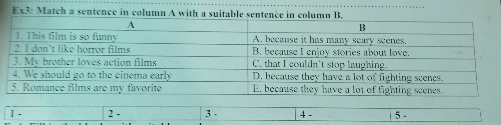 Ex3: Match a sentence in column A with a suitabl 
1 - 2 - 3 - 4 - 5 -