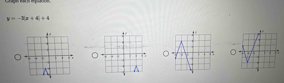 Graph each equation.
y=-3|x+4|+4
y
-6 -4 -2 2 4 6 x
2