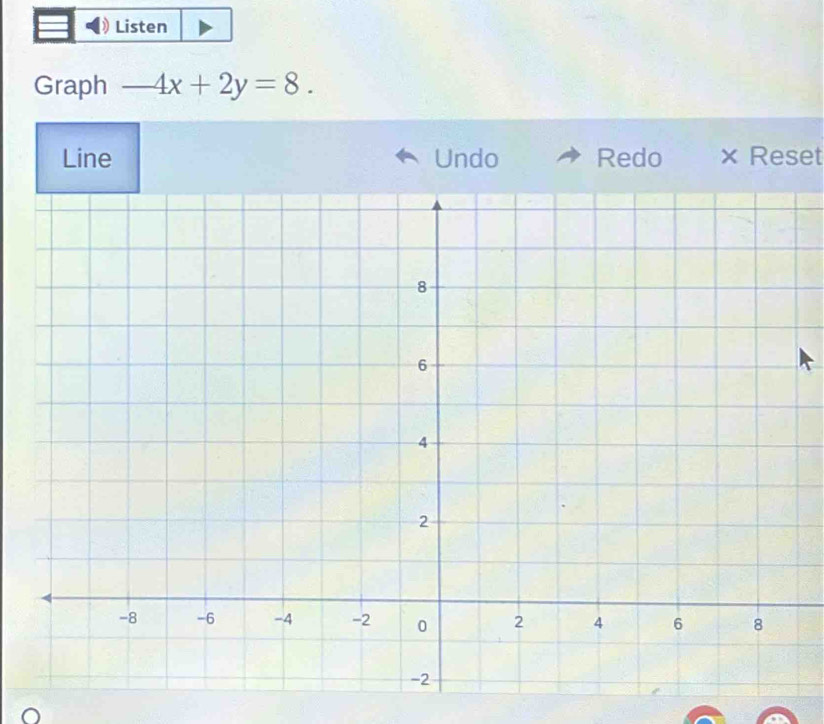 Listen 
Graph -4x+2y=8. 
Line Undo Redo × Reset