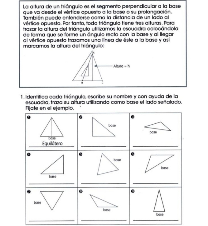 La altura de un triángulo es el segmento perpendicular a la base
que va desde el vértice opuesto a la base o su prolongación.
También puede entenderse como la distancia de un lado al
vértice opuesto. Por tanto, todo triángulo tiene tres alturas. Para
trazar la altura del triángulo utilizamos la escuadra colocándola
de forma que se forme un ángulo recto con la base y al llegar
al vértice opuesto trazamos una línea de éste a la base y así
marcamos la altura del triángulo:
1. Identifica cada triángulo, escribe su nombre y con ayuda de la
escuadra, traza su altura utilizando como base el lado señalado.
Fíjate en el ejemplo.
__
_