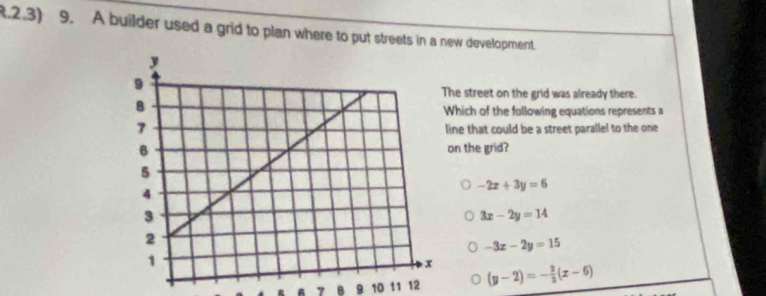 .2.3) 9. A builder used a grid to plan where to put streets in a new development.
he street on the grid was already there.
Which of the following equations represents a
ine that could be a street parallel to the one
on the grid?
-2x+3y=6
3x-2y=14
-3x-2y=15
A 7 8 B 10 11 12 (y-2)=- 2/3 (x-6)