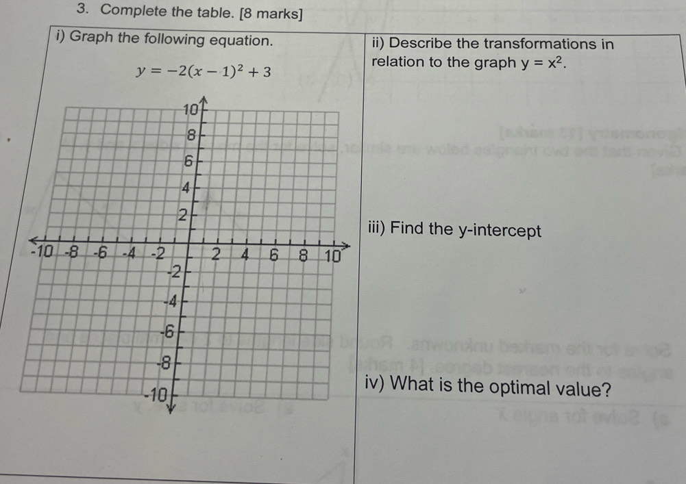 Complete the table. [8 marks]
i) Graph the following equation. ii) Describe the transformations in
y=-2(x-1)^2+3
relation to the graph y=x^2. 
iii) Find the y-intercept
v) What is the optimal value?