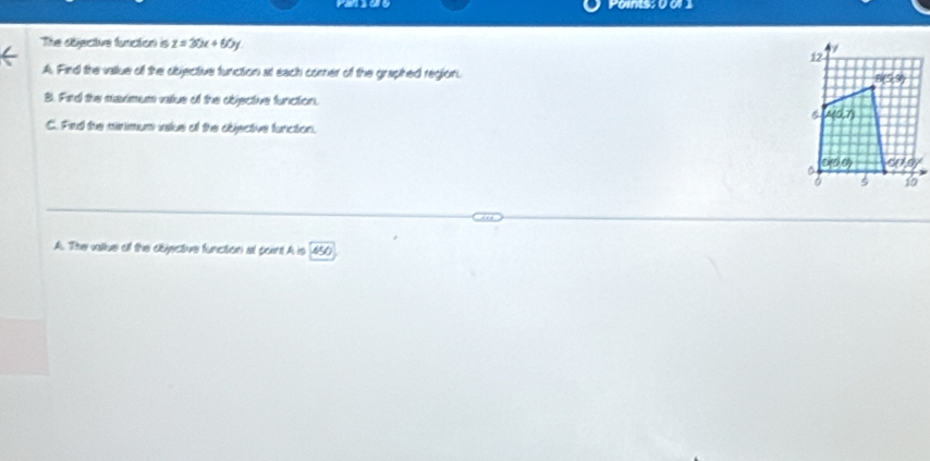 Points: 0 0 1
The objective furiction is z=30x+60y
12
A. Find the vallue of the objective function at each comer of the graphed region. 80c°
B. Finrd the saximus vaue of the objective function.
6 A(0,7)
C. Find the airimum value of the objective function.
(c30°) ride 
5 10
A. The valiue off the objective functon at point A is 450