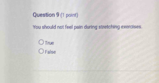 You should not feel pain during stretching exercises.
True
False