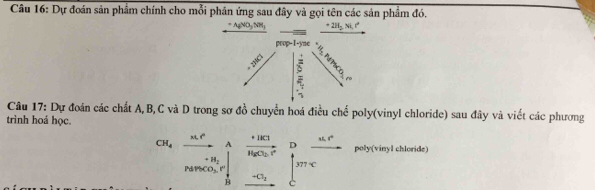 Dự đoán sản phẩm chính cho mỗi phân ứng sau đây và gọi tên các sản phẩm đó.
=AgNO_3NH_3 +2H_2Ni,r^2
prop-1-yac
3 

Câu 17: Dự đoán các chất A, B, C và D trong sơ đồ chuyển hoá điều chế poly(vinyl chloride) sau đây và viết các phương 
trình hoá học.
CH_4xrightarrow nc^(*Afrac ncl)+1n_2C_2n_3beginbmatrix Dfrac ncr nemomolos^r 1/n &-C_1 □ &_ endbmatrix  poly(vinyl chloride)