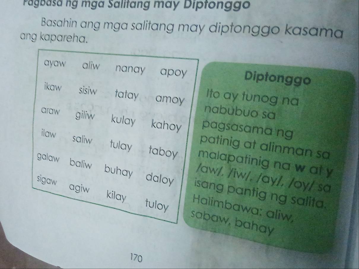 Solved: Pagbasa ng mga Salitang may Diptonggo Basahin ang mga salitang ...