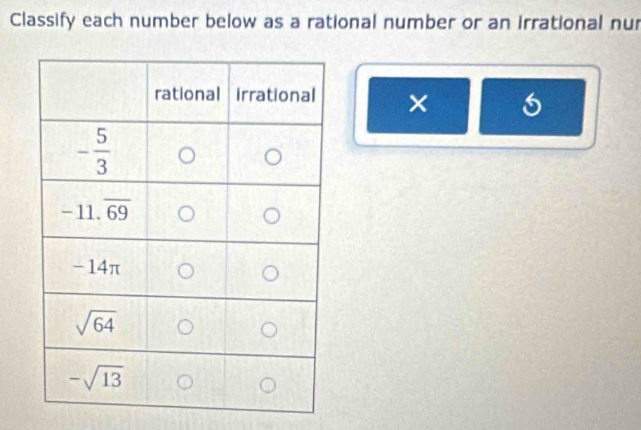 Classify each number below as a rational number or an irrational nur
×