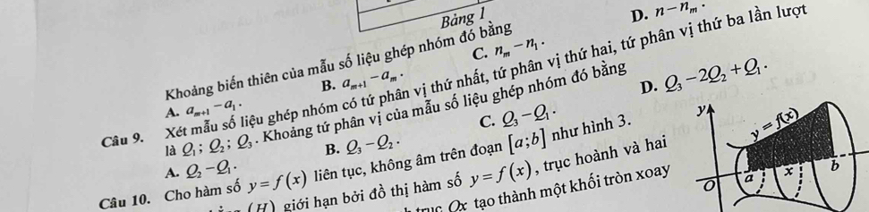 Bảng 1 D. n-n_m
C. n_m-n_1. 
Khoảng biến thiên của mẫu số liệu ghép nhóm đó bằng
D. Q_3-2Q_2+Q_1. 
Câu 9. Xét mẫu số liệu ghép nhóm có tứ phân vị thứ nhất, tứ phân vị thứ hai, tứ phân vị thứ ba lần lượ
B. a_m+1-a_m. 
là Q_1; Q_2; Q_3 - Khoảng tứ phân vị của mẫu số liệu ghép nhóm đó bằng
A. a_m+1-a_1.
C. Q_3-Q_1·
B. Q_3-Q_2. y y=f(x)
A. Q_2-Q_1·
Câu 10. Cho hàm số y=f(x) liên tục, không âm trên đoạn [a;b]
như hình 3.
a x b
(H) giới hạn bởi đồ thị hàm số y=f(x) , trục hoành và hai
Dc Ox tạo thành một khối tròn xoay