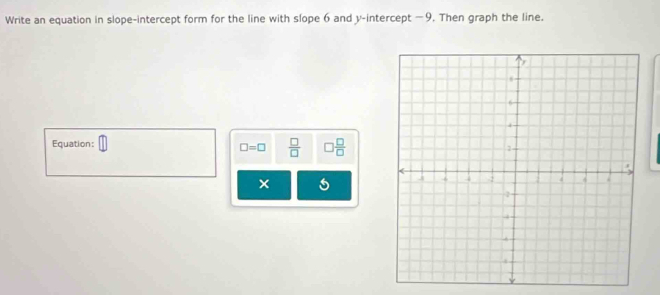 Write an equation in slope-intercept form for the line with slope 6 and y-intercept -9. Then graph the line. 
Equation:
□ =□  □ /□   □  □ /□  
× 5