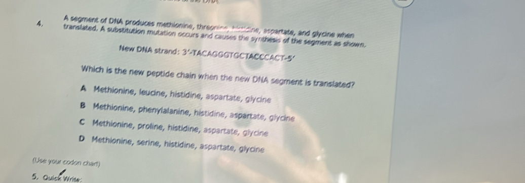 A segment of DNA produces methionine, threonine, hiticine, aspartate, and glycine when
4, translated. A substitution mutation occurs and causes the synthesis of the segment as shown.
New DNA strand: 3'-TACAGGGTGCTACCCACT -5 '
Which is the new peptide chain when the new DNA segment is translated?
A Methionine, leucine, histidine, aspartate, glycine
B Methionine, phenylalanine, histidine, aspartate, glycine
C Methionine, proline, histidine, aspartate, glycine
D Methionine, serine, histidine, aspartate, glycine
(Use your codon chart)
5. Quick Wrise: