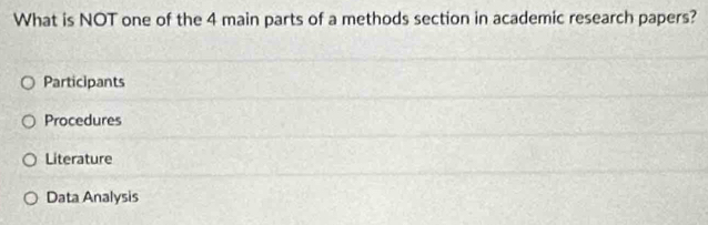 What is NOT one of the 4 main parts of a methods section in academic research papers?
Participants
Procedures
Literature
Data Analysis