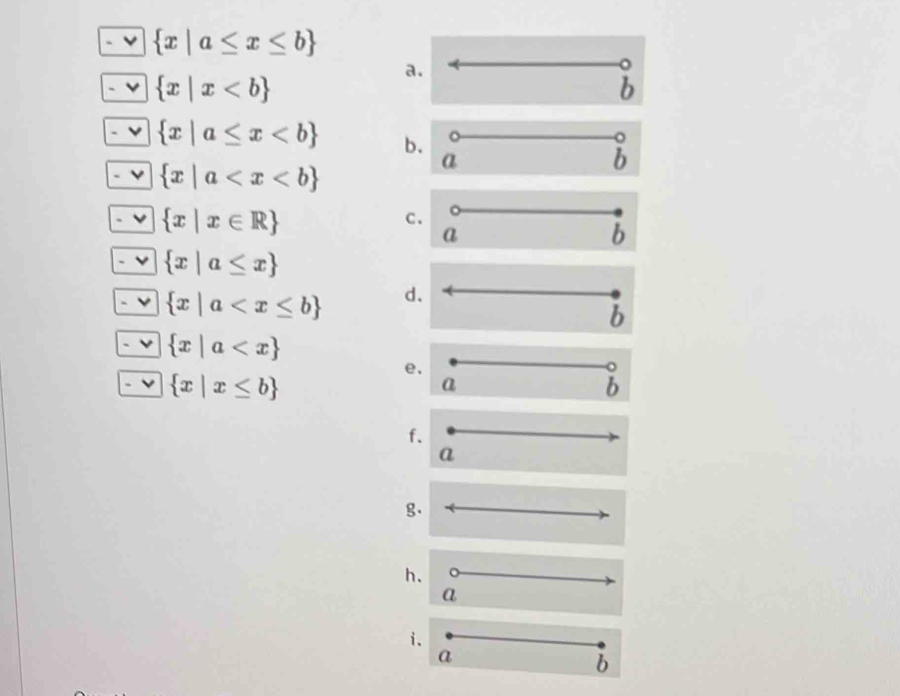  x|a≤ x≤ b
 x|x
a. 
b
 x|a≤ x b. a 
i
 x|a
 x|x∈ R
c. 
a 
b
 x|a≤ x
 x|a d. 
b
 x|a
e. 
o
 x|x≤ b
a 
b 
f. 
a 
g. 
h. 
a 
i. 
a 
b