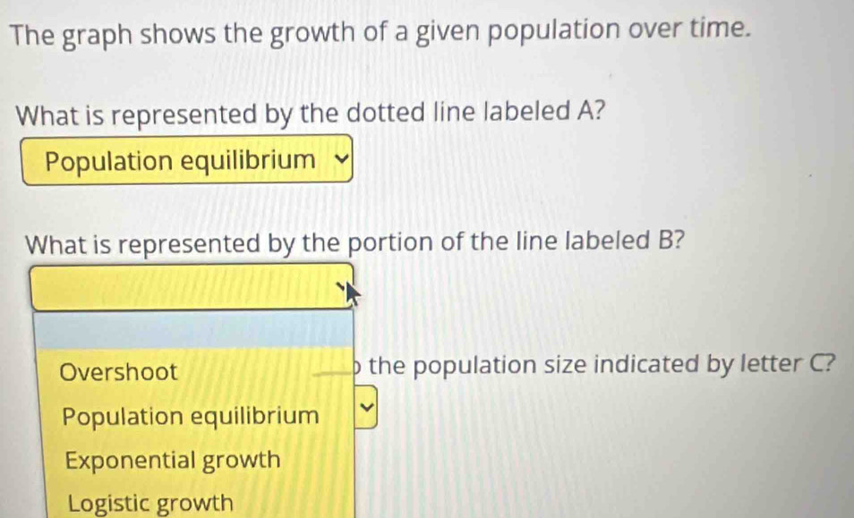 The graph shows the growth of a given population over time.
What is represented by the dotted line labeled A?
Population equilibrium
What is represented by the portion of the line labeled B?
Overshoot o the population size indicated by letter C?
Population equilibrium
Exponential growth
Logistic growth