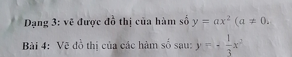 Dạng 3: vẽ được đồ thị của hàm số y=ax^2(a!= 0. 
Bài 4: Vẽ đồ thị của các hàm số sau: y=- 1/3 x^2