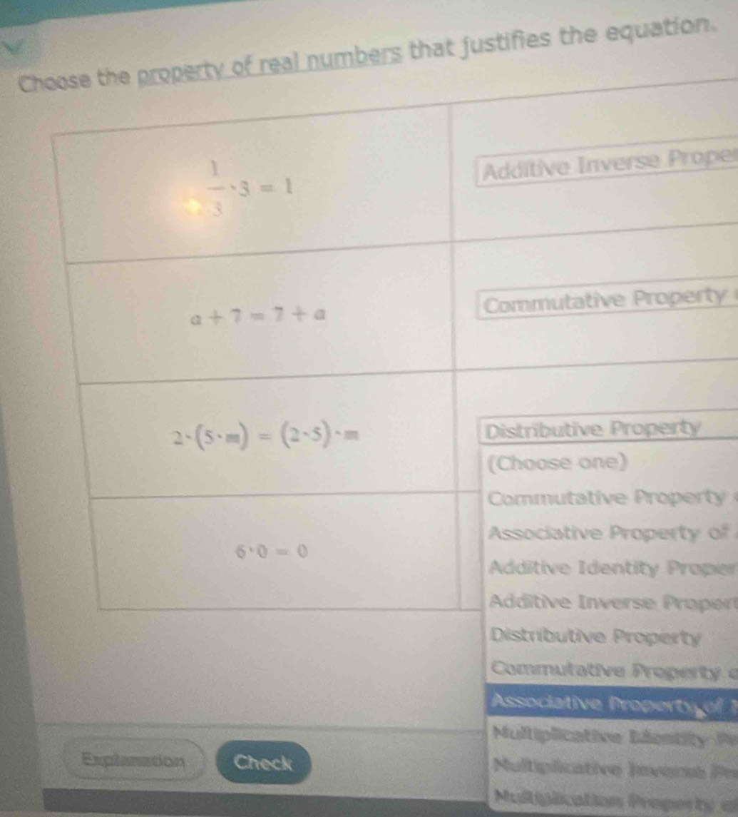 Cmbers that justifies the equation.
per
ty
t  
of
per
pert
ty
Commutative Property e
Associative Property ol 1
Multiplicative Identity Pe
Explanation Check
Multiplicative Inveraa Prr
Multiplication Property af