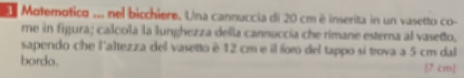 Motemotico ... nel bicchiere. Una cannuccia di 20 cm é inserita in un vasetto co- 
me in figura; calcola la lunghezza della cannuccia che rimane esterna al vasetto, 
sapendo che l'altezza del vasento è 12 cm e il foro del tappo si trova a 5 cm dal 
bordo. [ 7 cm ]