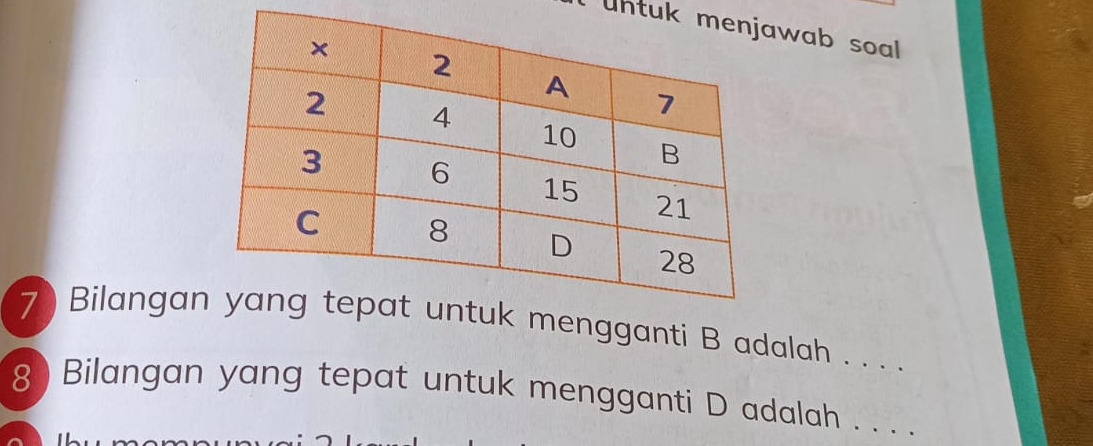 untuk wab soal 
7 ) Bilangan mengganti B adalah . . . . 
8 ) Bilangan yang tepat untuk mengganti D adalah . . . ._