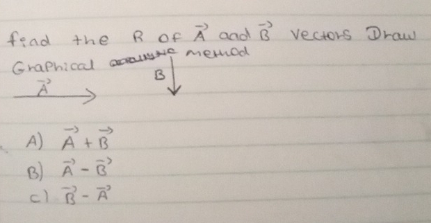 fend the R of vector A and vector B vectors Draw
Graphical mehod
B
vector A
A) vector A+vector B
B) vector A-vector B
c1 vector B-vector A