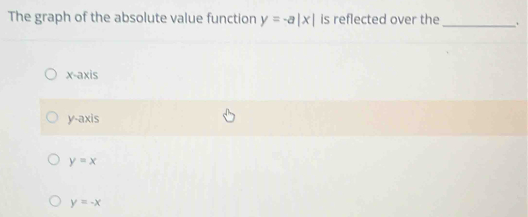 The graph of the absolute value function y=-a|x| is reflected over the_
x-axis
y-axis
y=x
y=-x