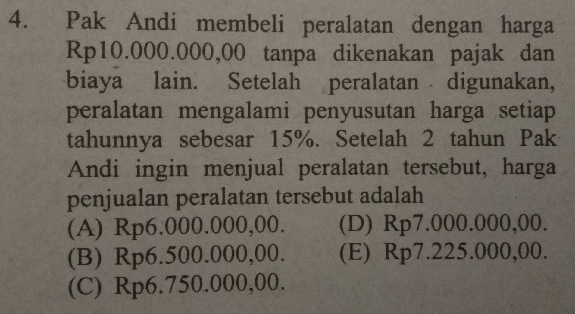 Pak Andi membeli peralatan dengan harga
Rp10.000.000,00 tanpa dikenakan pajak dan
biaya lain. Setelah peralatan digunakan,
peralatan mengalami penyusutan harga setiap
tahunnya sebesar 15%. Setelah 2 tahun Pak
Andi ingin menjual peralatan tersebut, harga
penjualan peralatan tersebut adalah
(A) Rp6.000.000,00. (D) Rp7.000.000,00.
(B) Rp6.500.000,00. (E) Rp7.225.000,00.
(C) Rp6.750.000,00.