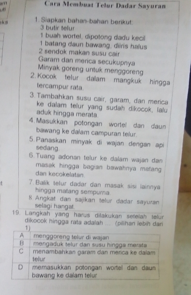 Cara Membuat Telur Dadar Sayuran 
ks 1. Siapkan bahan-bahan berikut: 
3 butir telur 
1 buah wortel, dipotong dadu kecil 
1 batang daun bawang, diiris halus 
2 sendok makan susu cair 
Garam dan merica secukupnya 
Minyak goreng untuk menggoreng 
2. Kocok telur dalam mangkuk hingga 
tercampur rata. 
3. Tambahkan susu cair, garam, dan merica 
ke dalam telur yang sudah dikocok, lalu 
aduk hingga merata. 
4. Masukkan potongan worte! dan daun 
bawang ke dalam campuran telur. 
5. Panaskan minyak di wajan dengan api 
sedang. 
6.Tuang adonan telur ke dalam wajan dan 
masak hingga bagian bawahnya matang 
dan kecokelatan. 
7. Balik telur dadar dan masak sisi lainnya 
hingga matang sempurna. 
8 Angkat dan sajikan telur dadar sayuran 
selagi hangat. 
19. Langkah yang harus dilakukan setelah telur 
dikocok hingga rata adalah .... (pilihan lebih dari