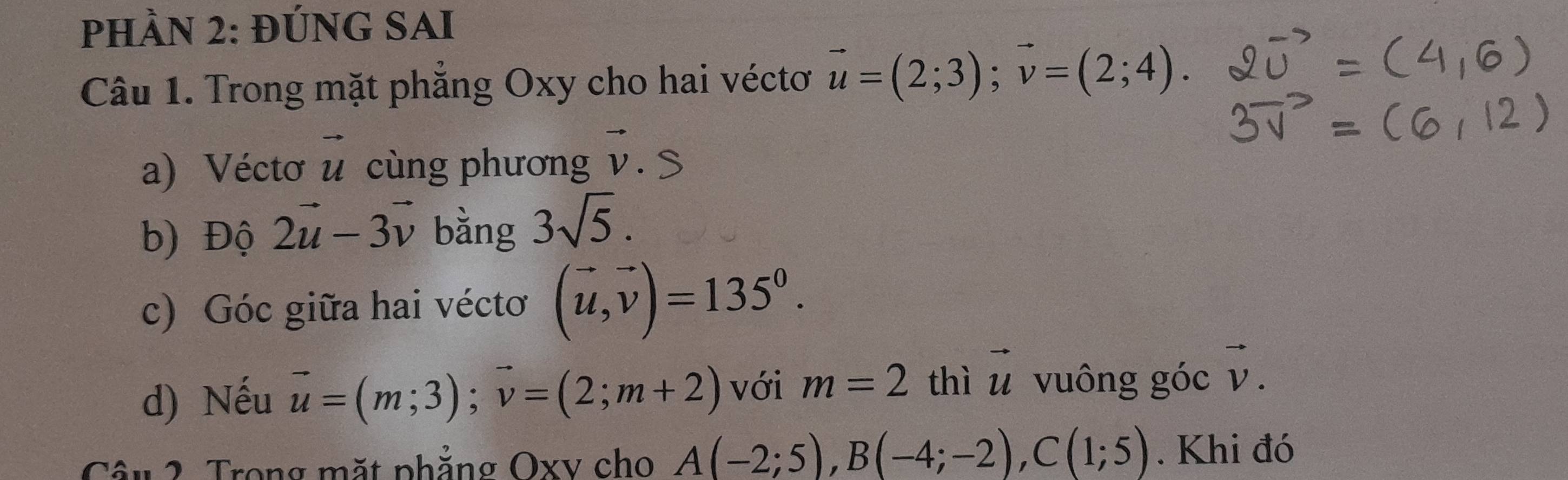 PHÀN 2: ĐÚNG SAI 
Câu 1. Trong mặt phẳng Oxy cho hai véctơ vector u=(2;3); vector v=(2;4). 
a) Vécto vector u cùng phương vector v
b) Độ 2vector u-3vector v bǎng 3sqrt(5). 
c) Góc giữa hai véctơ (vector u,vector v)=135^0. 
d) Nếu vector u=(m;3); vector v=(2;m+2) với m=2 thì vector u vuông góc vector v. 
Câu 2. Trong mặt phẳng Oxv cho A(-2;5), B(-4;-2), C(1;5). Khi đó