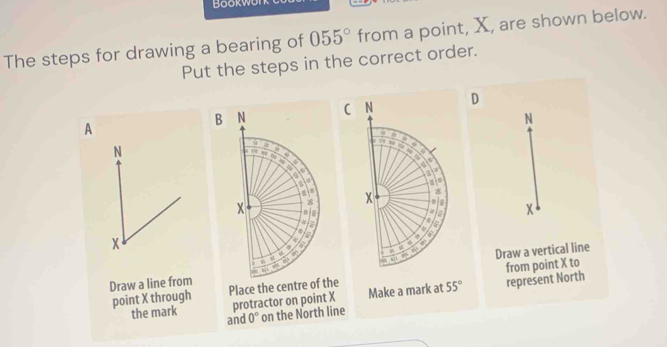 Solved: BookwO The steps for drawing a bearing of 055° from a point, X ...