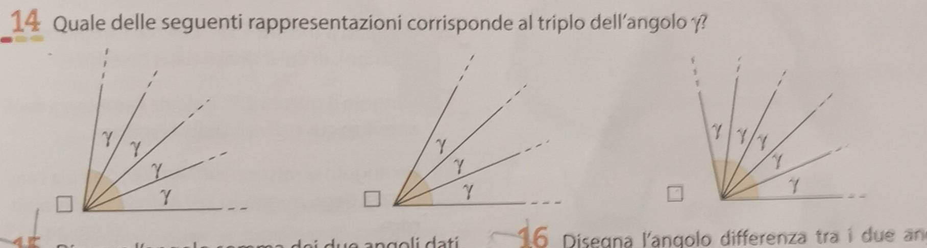 Quale delle seguenti rappresentazioni corrisponde al triplo dell’angolo γ? 
16 Disegna l'angolo differenza tra i due an