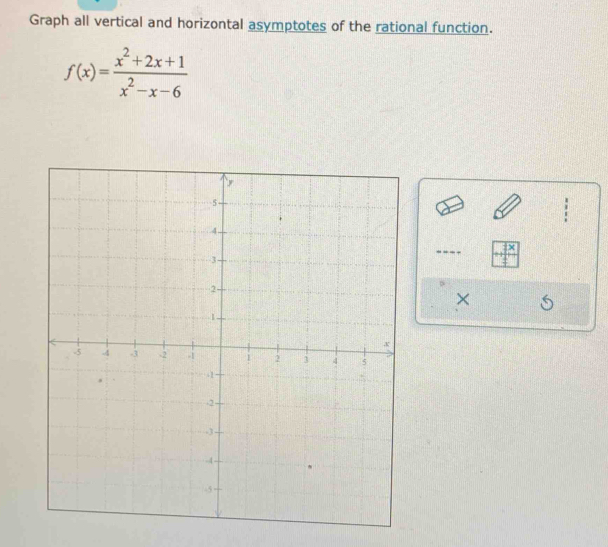 Graph all vertical and horizontal asymptotes of the rational function.
f(x)= (x^2+2x+1)/x^2-x-6 
×