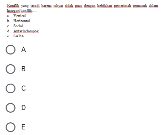 Konflik yang teradi karena rakyat tidak puas dengan kebijakan pemerintah termasuk dalam
kategori konflik…
a. Vertical
b. Horizontal
c. Social
d. Antar kelompok
e. SARA
A
B
C
D
E