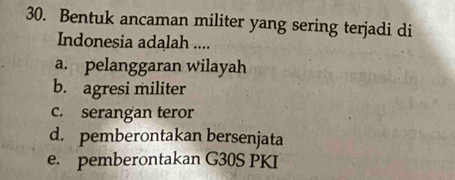 Bentuk ancaman militer yang sering terjadi di
Indonesia adalah ....
a. pelanggaran wilayah
b. agresi militer
c. serangan teror
d. pemberontakan bersenjata
e. pemberontakan G30S PKI