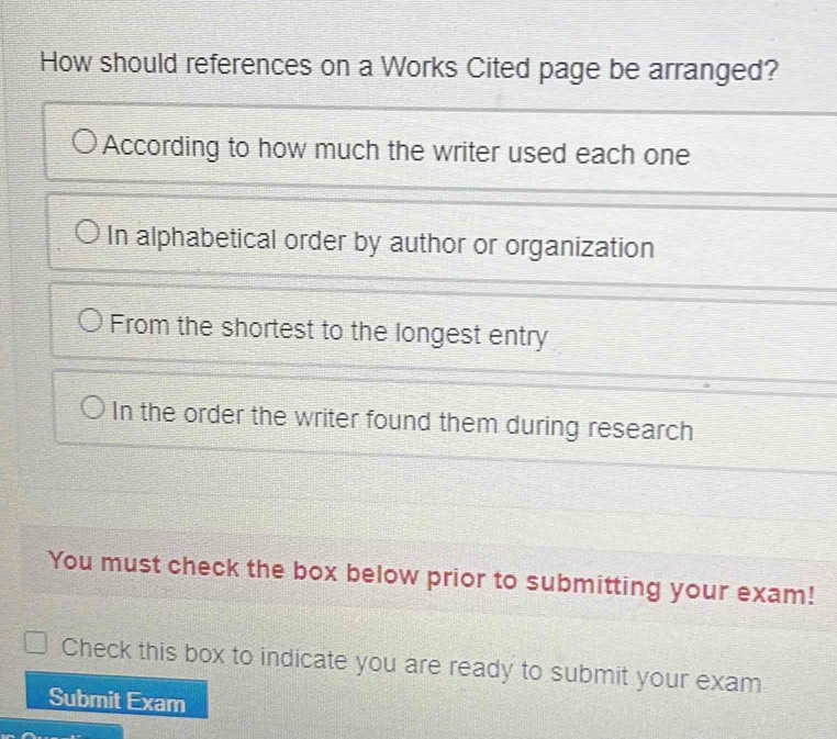Solved: How should references on a Works Cited page be arranged ...