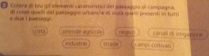 Colora di blu glí elementi caratteristici del paesaggio di campagna,
di rosso quelli del paesaggio urband e di viola quelli presenti in tutti
e due i paesaggi.
città aziende agrícole negozi canali di irrigazione
industrie strade campi coltivati