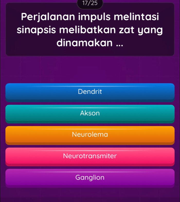 17/25
Perjalanan impuls melintasi
sinapsis melibatkan zat yang
dinamakan ...
Dendrit
Akson
Neurolema
Neurotransmiter
Ganglion