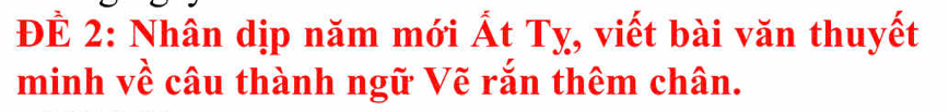 ĐÊ 2: Nhân dịp năm mới Ất Tỵ, viết bài văn thuyết 
minh về câu thành ngữ Vẽ rắn thêm chân.