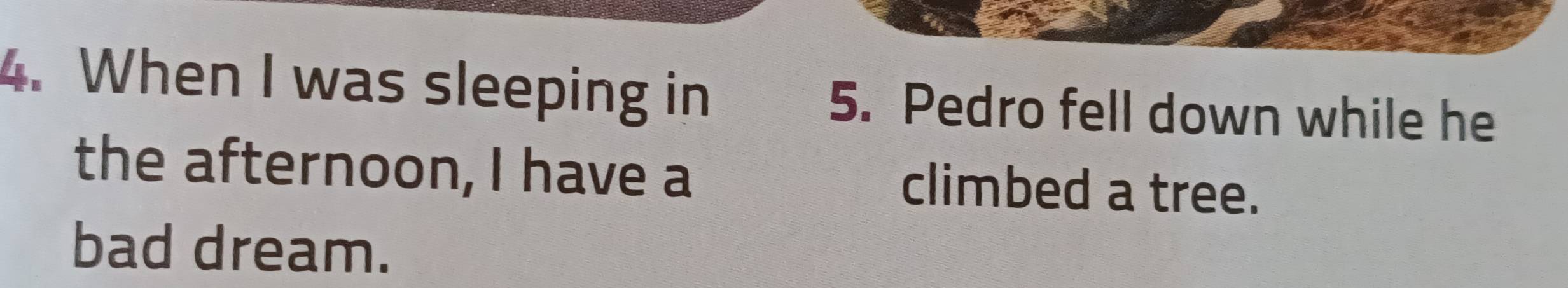 When I was sleeping in 5. Pedro fell down while he 
the afternoon, I have a climbed a tree. 
bad dream.