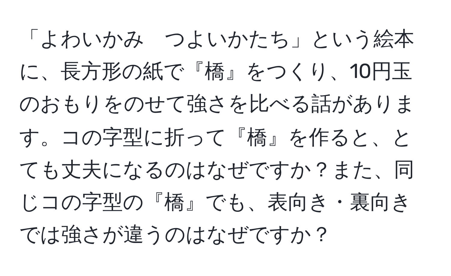 「よわいかみ　つよいかたち」という絵本に、長方形の紙で『橋』をつくり、10円玉のおもりをのせて強さを比べる話があります。コの字型に折って『橋』を作ると、とても丈夫になるのはなぜですか？また、同じコの字型の『橋』でも、表向き・裏向きでは強さが違うのはなぜですか？